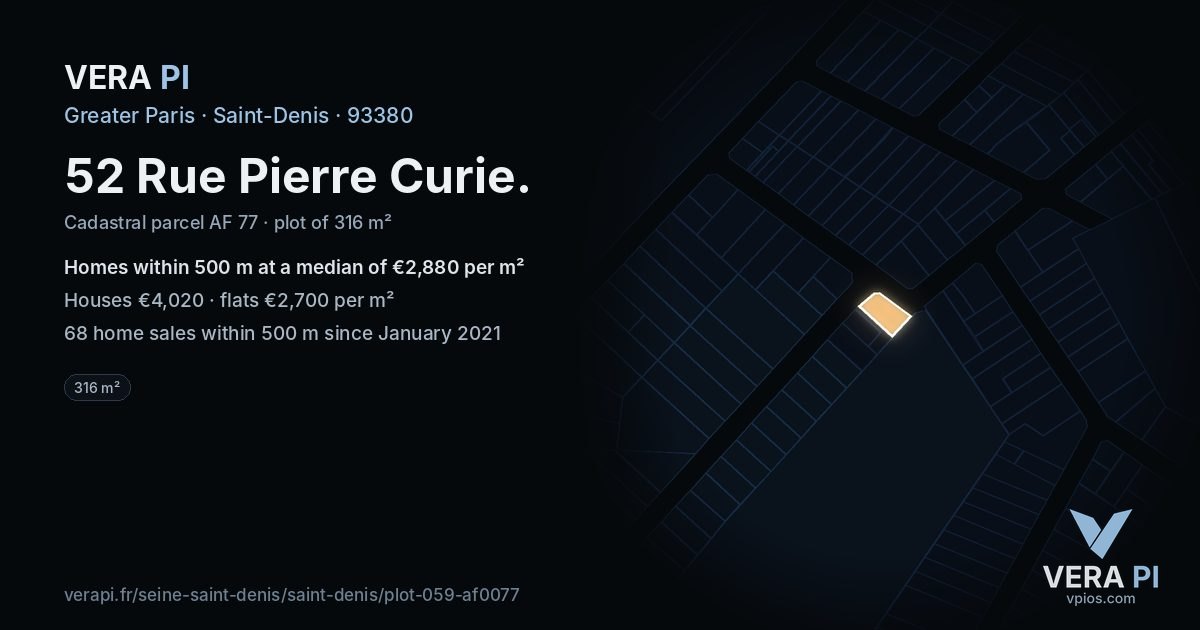 52 Rue Pierre Curie, Saint-Denis at night – the plot lit, the parcels around coloured by the prices near them