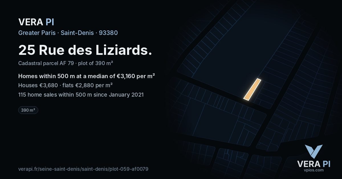 25 Rue des Liziards, Saint-Denis at night – the plot lit, the parcels around coloured by the prices near them