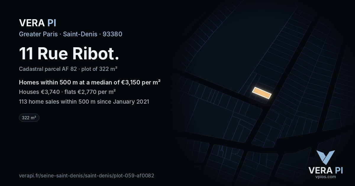 11 Rue Ribot, Saint-Denis at night – the plot lit, the parcels around coloured by the prices near them
