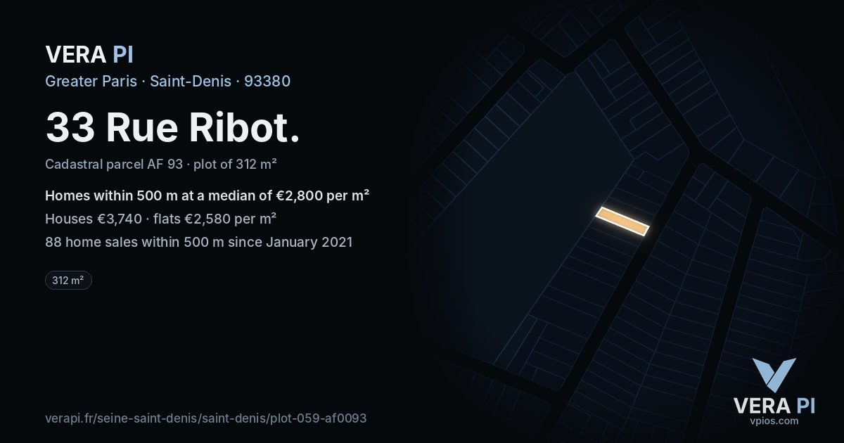 33 Rue Ribot, Saint-Denis at night – the plot lit, the parcels around coloured by the prices near them