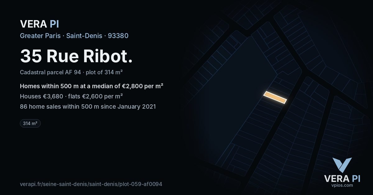 35 Rue Ribot, Saint-Denis at night – the plot lit, the parcels around coloured by the prices near them