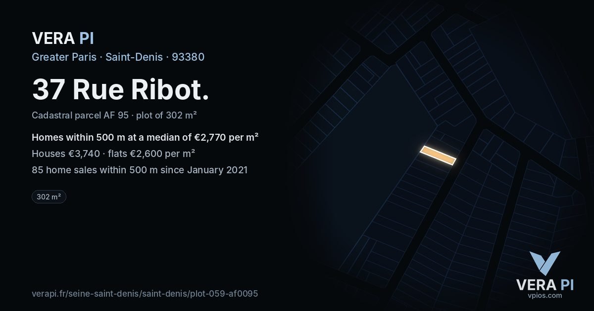 37 Rue Ribot, Saint-Denis at night – the plot lit, the parcels around coloured by the prices near them