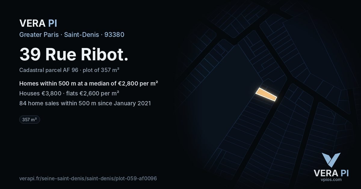 39 Rue Ribot, Saint-Denis at night – the plot lit, the parcels around coloured by the prices near them