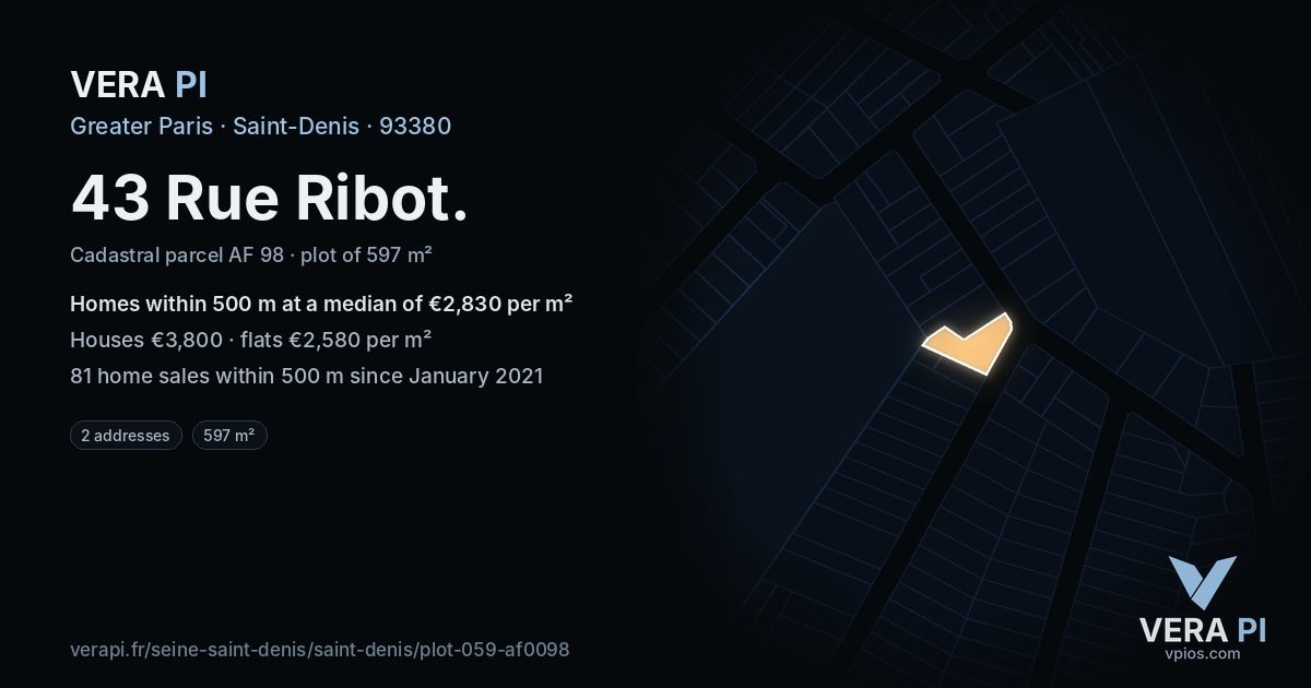 43 Rue Ribot, Saint-Denis at night – the plot lit, the parcels around coloured by the prices near them
