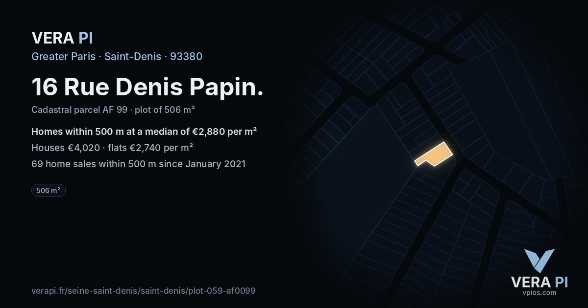 16 Rue Denis Papin, Saint-Denis at night – the plot lit, the parcels around coloured by the prices near them
