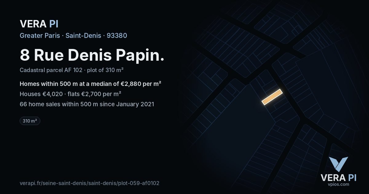 8 Rue Denis Papin, Saint-Denis at night – the plot lit, the parcels around coloured by the prices near them