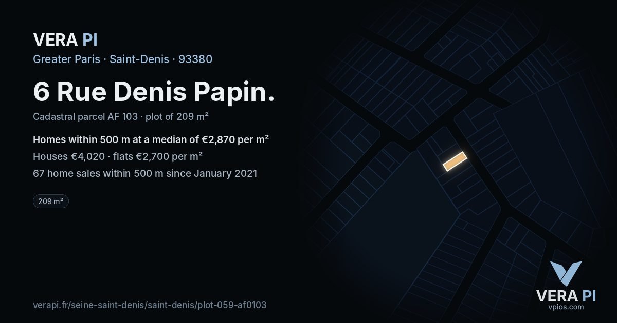 6 Rue Denis Papin, Saint-Denis at night – the plot lit, the parcels around coloured by the prices near them
