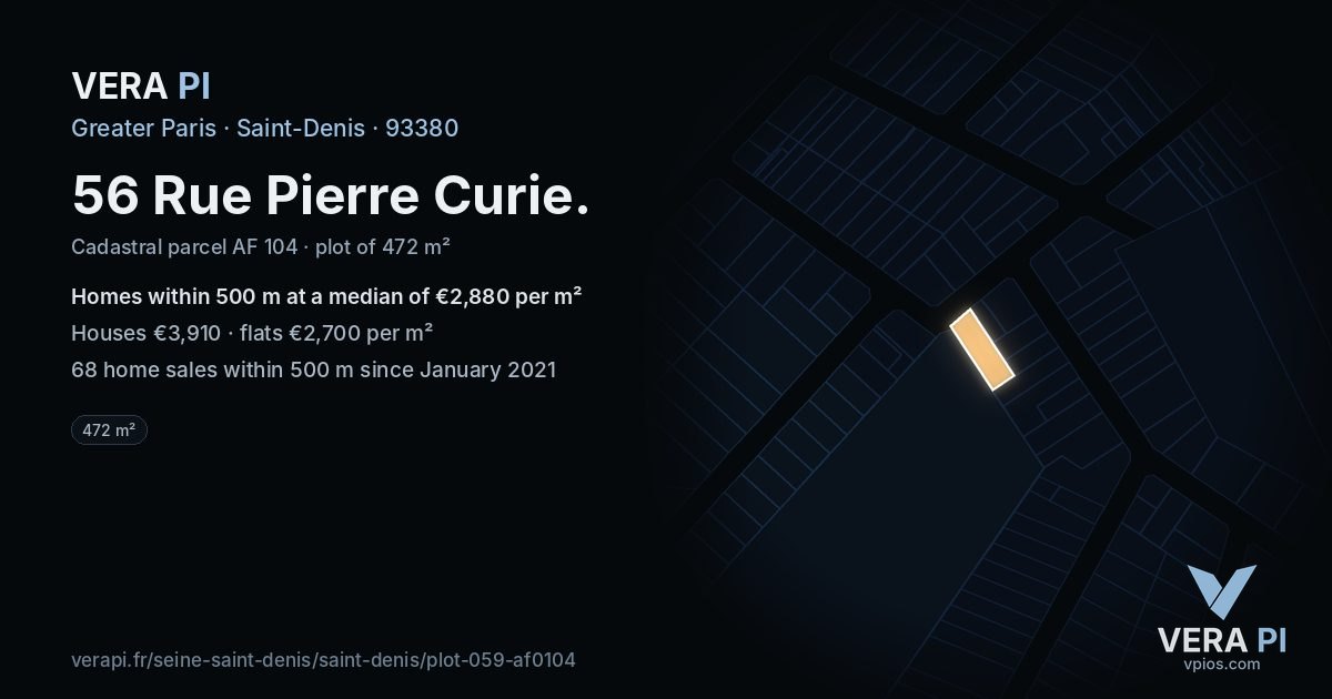 56 Rue Pierre Curie, Saint-Denis at night – the plot lit, the parcels around coloured by the prices near them