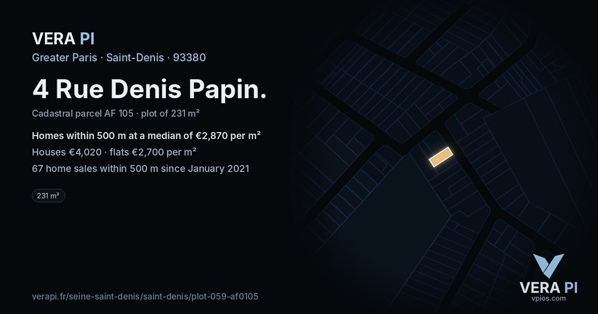 4 Rue Denis Papin, Saint-Denis at night – the plot lit, the parcels around coloured by the prices near them
