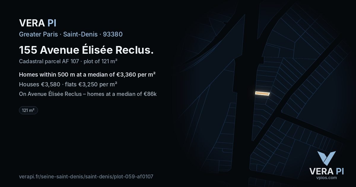 155 Avenue Élisée Reclus, Saint-Denis at night – the plot lit, the parcels around coloured by the prices near them