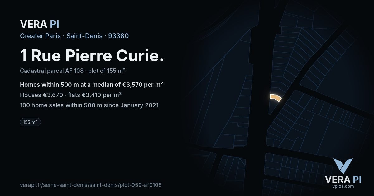 1 Rue Pierre Curie, Saint-Denis at night – the plot lit, the parcels around coloured by the prices near them
