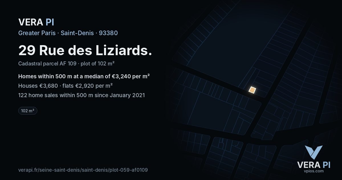 29 Rue des Liziards, Saint-Denis at night – the plot lit, the parcels around coloured by the prices near them