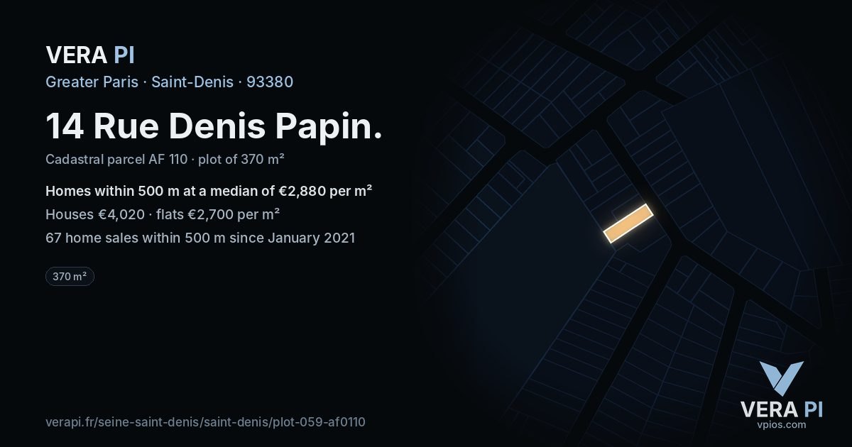 14 Rue Denis Papin, Saint-Denis at night – the plot lit, the parcels around coloured by the prices near them
