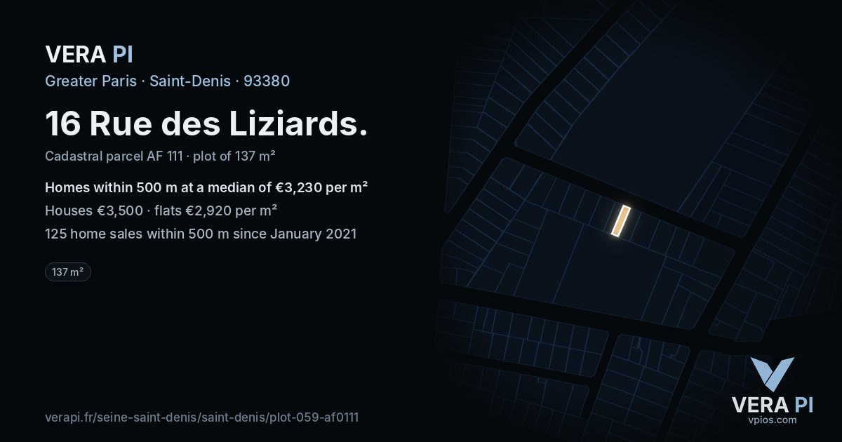16 Rue des Liziards, Saint-Denis at night – the plot lit, the parcels around coloured by the prices near them