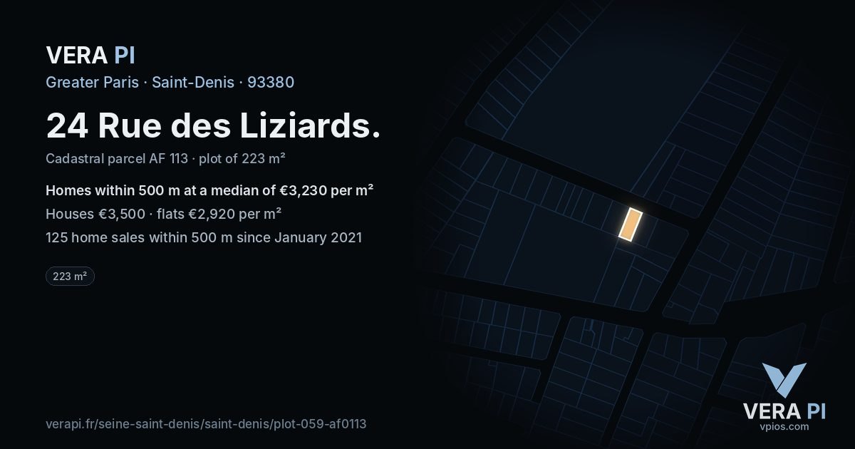 24 Rue des Liziards, Saint-Denis at night – the plot lit, the parcels around coloured by the prices near them