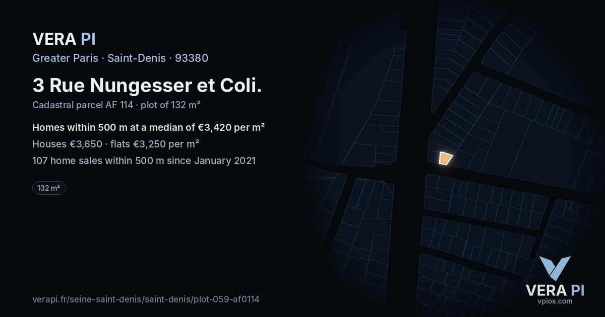 3 Rue Nungesser et Coli, Saint-Denis at night – the plot lit, the parcels around coloured by the prices near them
