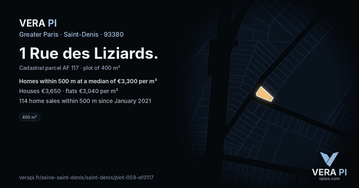 1 Rue des Liziards, Saint-Denis at night – the plot lit, the parcels around coloured by the prices near them