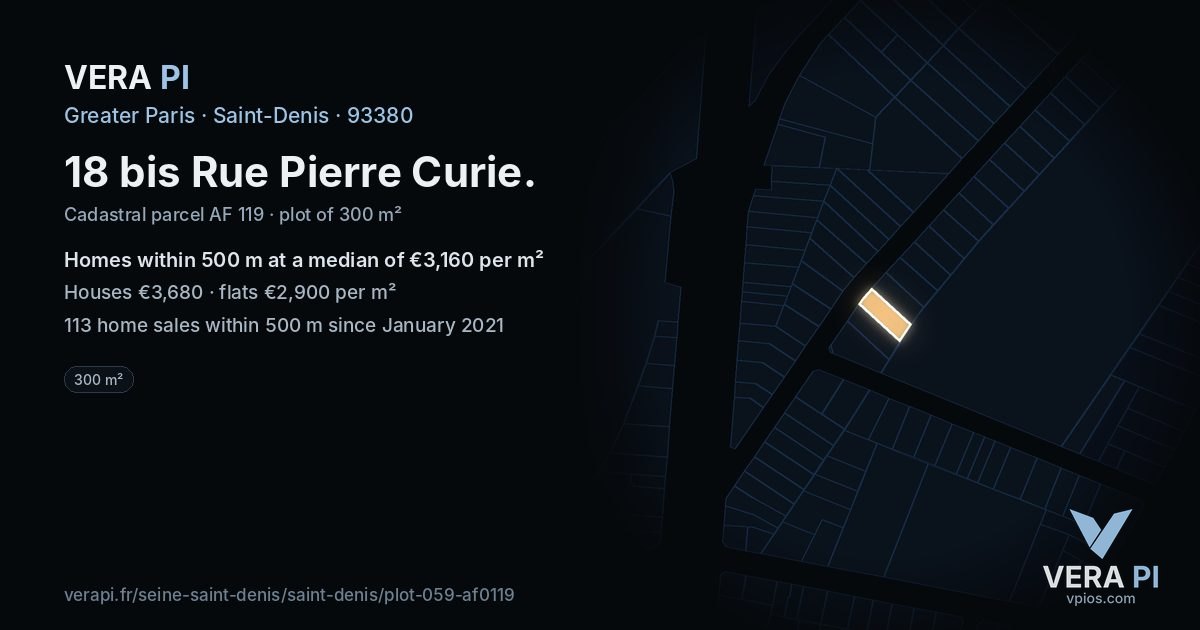 18 bis Rue Pierre Curie, Saint-Denis at night – the plot lit, the parcels around coloured by the prices near them