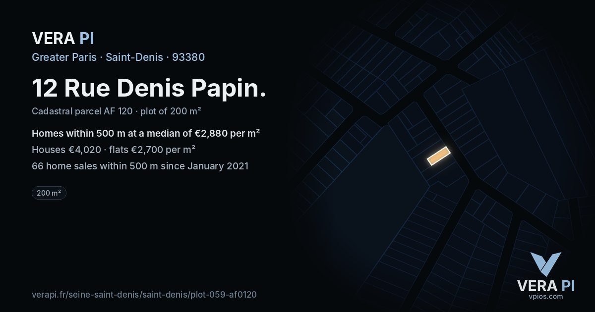 12 Rue Denis Papin, Saint-Denis at night – the plot lit, the parcels around coloured by the prices near them