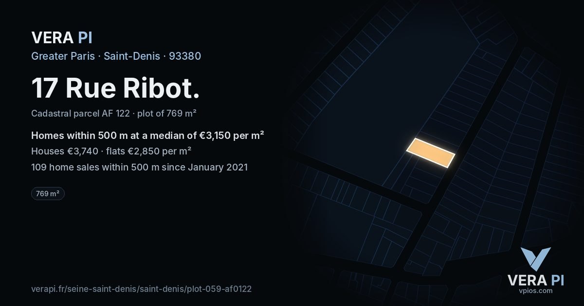 17 Rue Ribot, Saint-Denis at night – the plot lit, the parcels around coloured by the prices near them