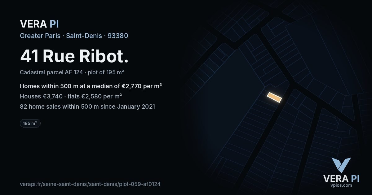 41 Rue Ribot, Saint-Denis at night – the plot lit, the parcels around coloured by the prices near them