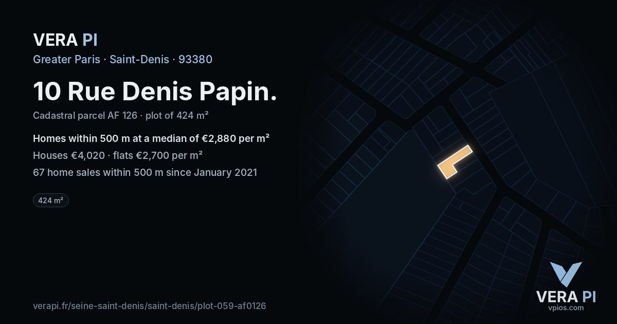 10 Rue Denis Papin, Saint-Denis at night – the plot lit, the parcels around coloured by the prices near them