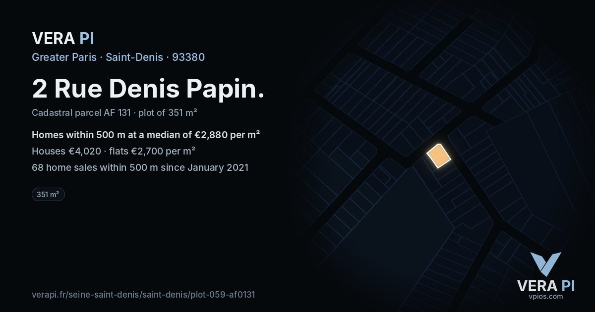 2 Rue Denis Papin, Saint-Denis at night – the plot lit, the parcels around coloured by the prices near them