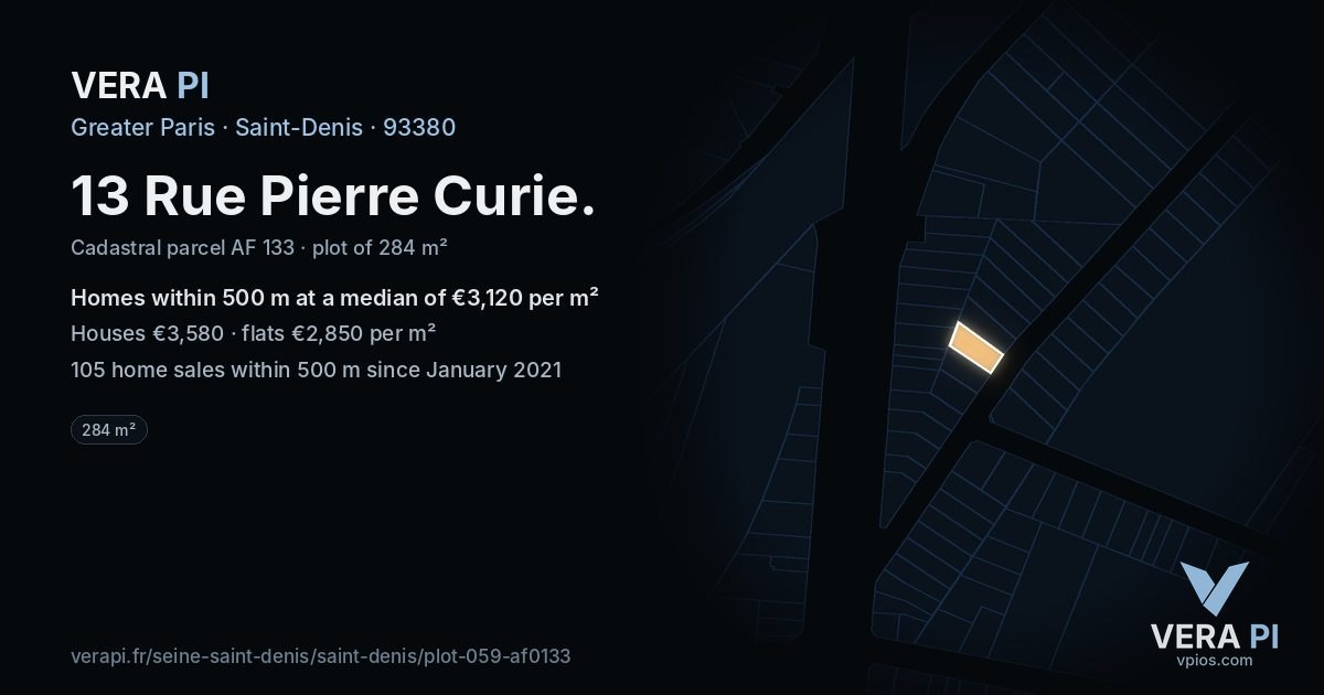 13 Rue Pierre Curie, Saint-Denis at night – the plot lit, the parcels around coloured by the prices near them