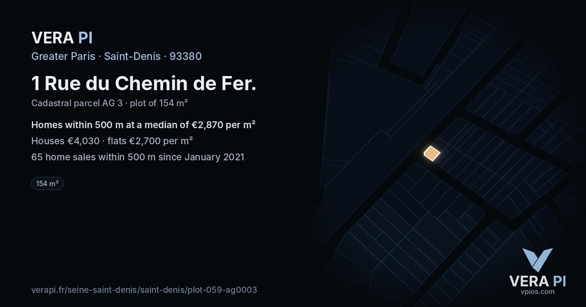 1 Rue du Chemin de Fer, Saint-Denis at night – the plot lit, the parcels around coloured by the prices near them