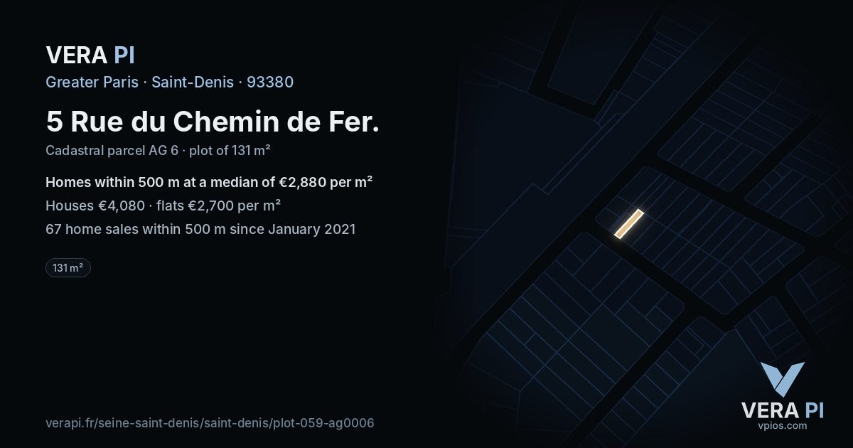 5 Rue du Chemin de Fer, Saint-Denis at night – the plot lit, the parcels around coloured by the prices near them