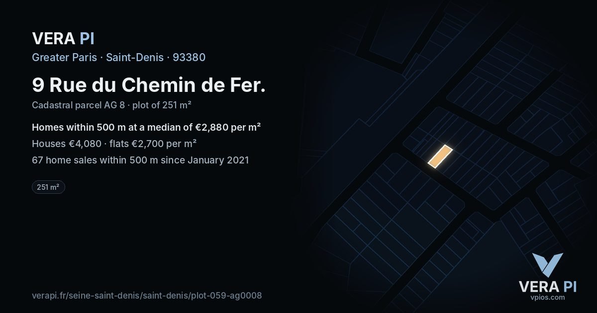 9 Rue du Chemin de Fer, Saint-Denis at night – the plot lit, the parcels around coloured by the prices near them