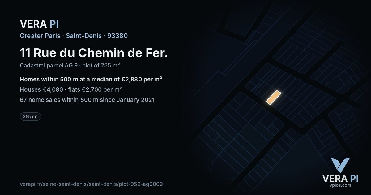 11 Rue du Chemin de Fer, Saint-Denis at night – the plot lit, the parcels around coloured by the prices near them