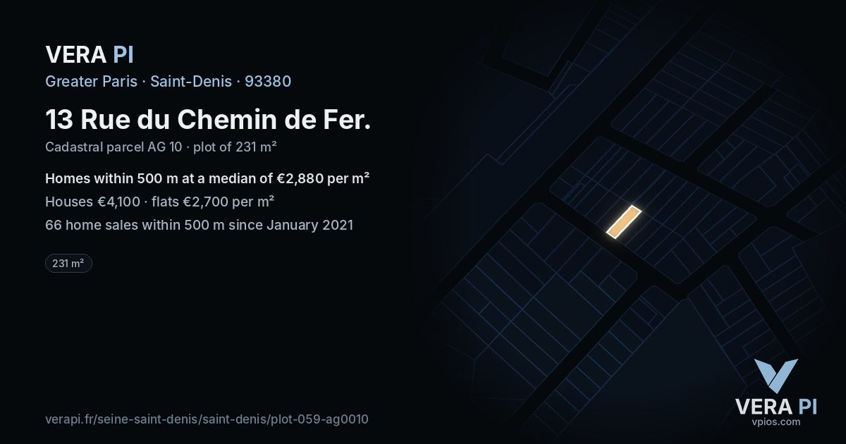 13 Rue du Chemin de Fer, Saint-Denis at night – the plot lit, the parcels around coloured by the prices near them