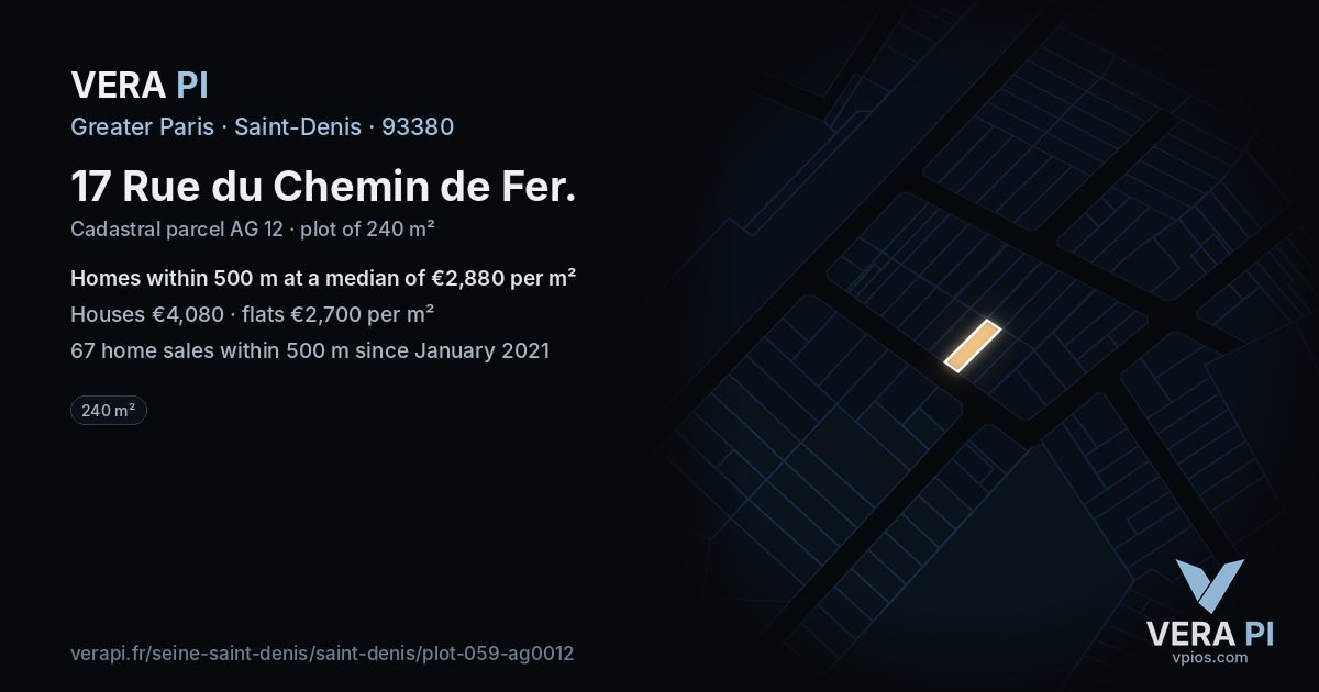17 Rue du Chemin de Fer, Saint-Denis at night – the plot lit, the parcels around coloured by the prices near them