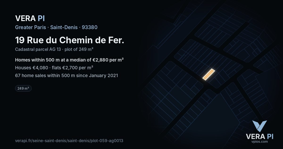 19 Rue du Chemin de Fer, Saint-Denis at night – the plot lit, the parcels around coloured by the prices near them