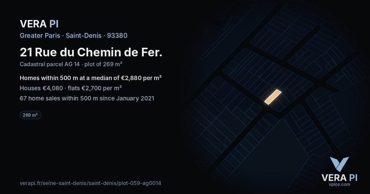 21 Rue du Chemin de Fer, Saint-Denis at night – the plot lit, the parcels around coloured by the prices near them