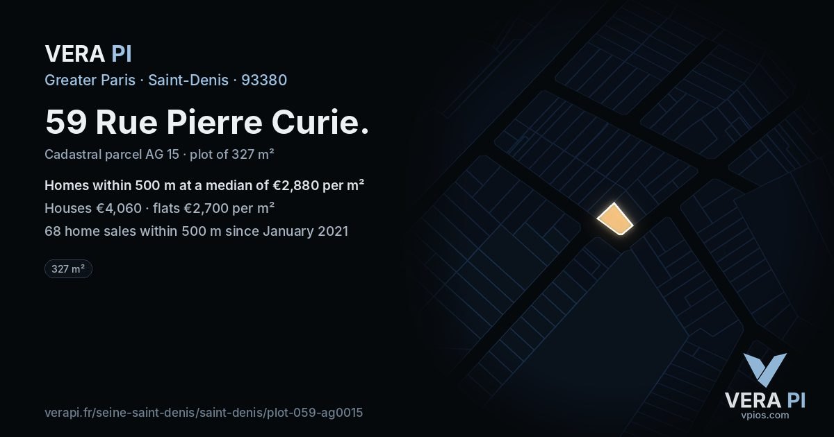 59 Rue Pierre Curie, Saint-Denis at night – the plot lit, the parcels around coloured by the prices near them