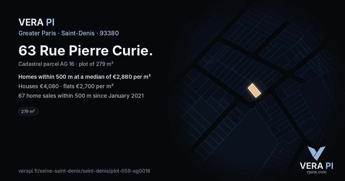 63 Rue Pierre Curie, Saint-Denis at night – the plot lit, the parcels around coloured by the prices near them