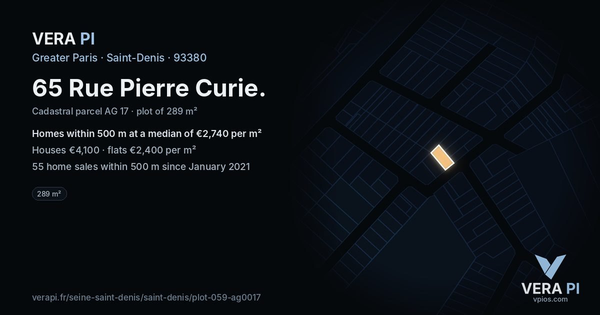 65 Rue Pierre Curie, Saint-Denis at night – the plot lit, the parcels around coloured by the prices near them