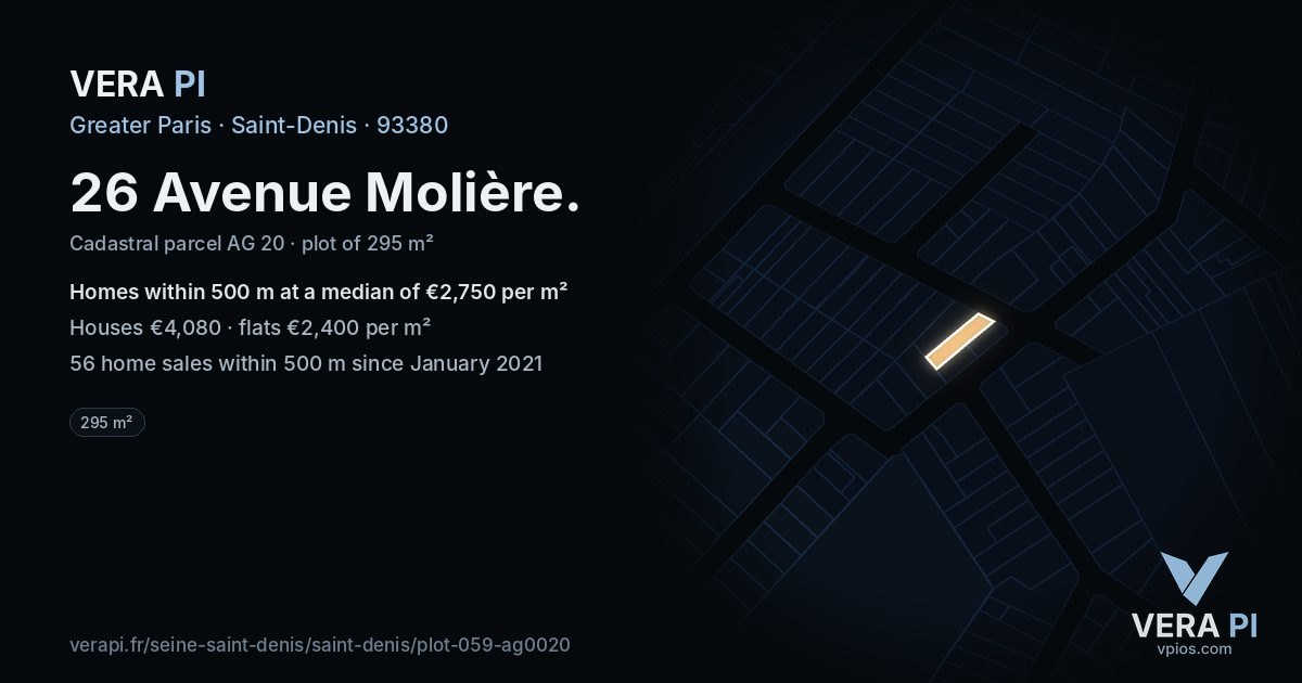 26 Avenue Molière, Saint-Denis at night – the plot lit, the parcels around coloured by the prices near them