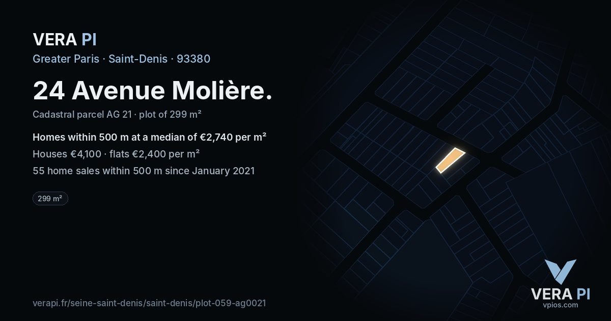 24 Avenue Molière, Saint-Denis at night – the plot lit, the parcels around coloured by the prices near them