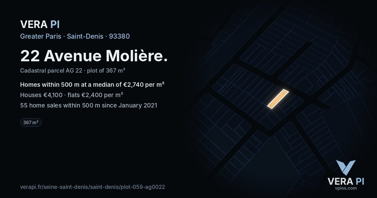 22 Avenue Molière, Saint-Denis at night – the plot lit, the parcels around coloured by the prices near them