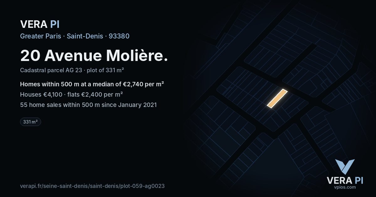 20 Avenue Molière, Saint-Denis at night – the plot lit, the parcels around coloured by the prices near them