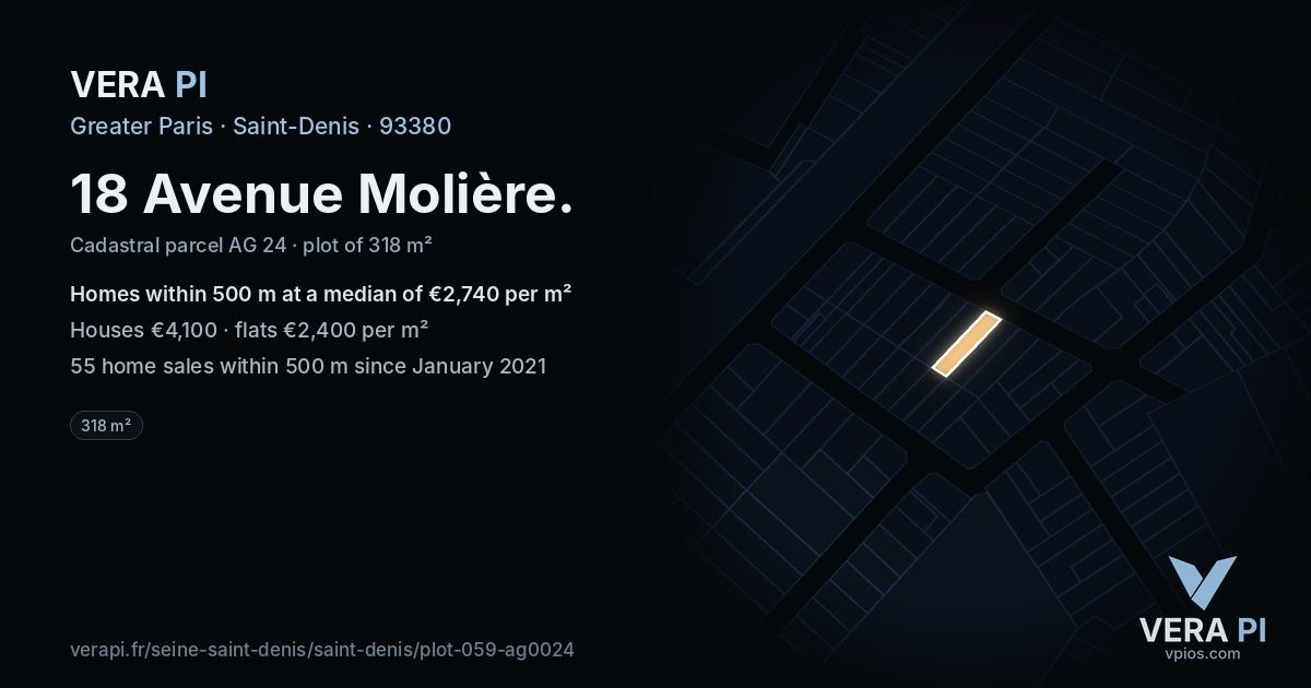 18 Avenue Molière, Saint-Denis at night – the plot lit, the parcels around coloured by the prices near them