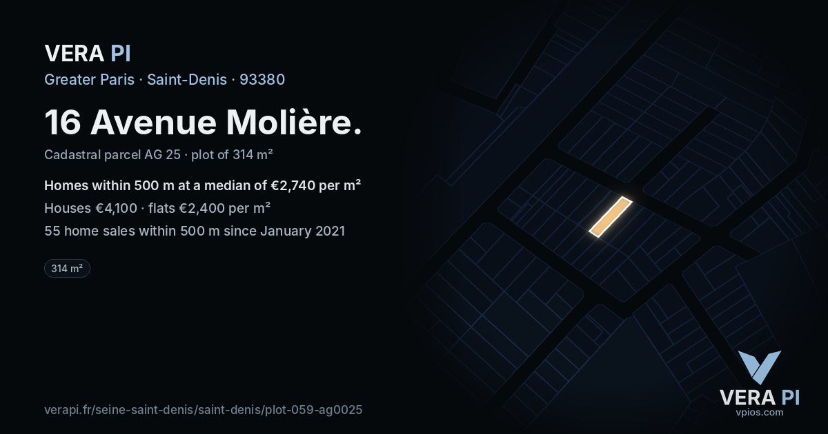 16 Avenue Molière, Saint-Denis at night – the plot lit, the parcels around coloured by the prices near them