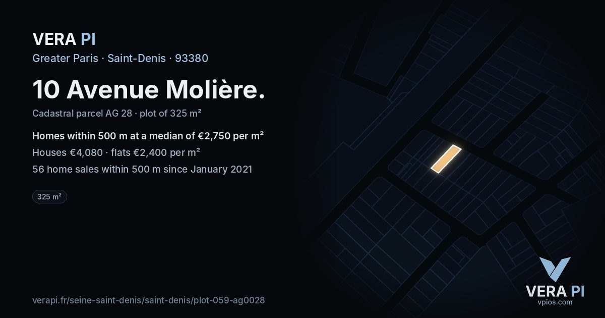 10 Avenue Molière, Saint-Denis at night – the plot lit, the parcels around coloured by the prices near them