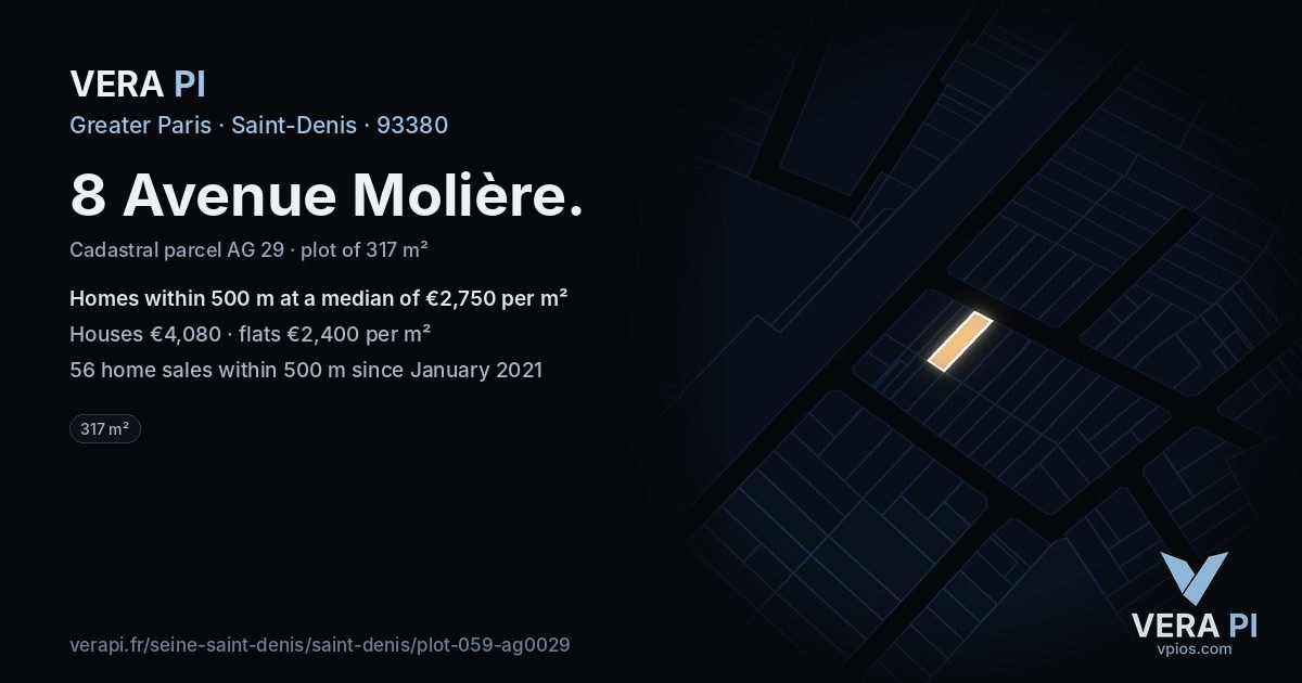 8 Avenue Molière, Saint-Denis at night – the plot lit, the parcels around coloured by the prices near them