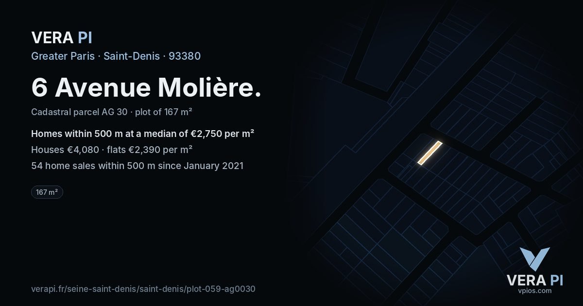 6 Avenue Molière, Saint-Denis at night – the plot lit, the parcels around coloured by the prices near them
