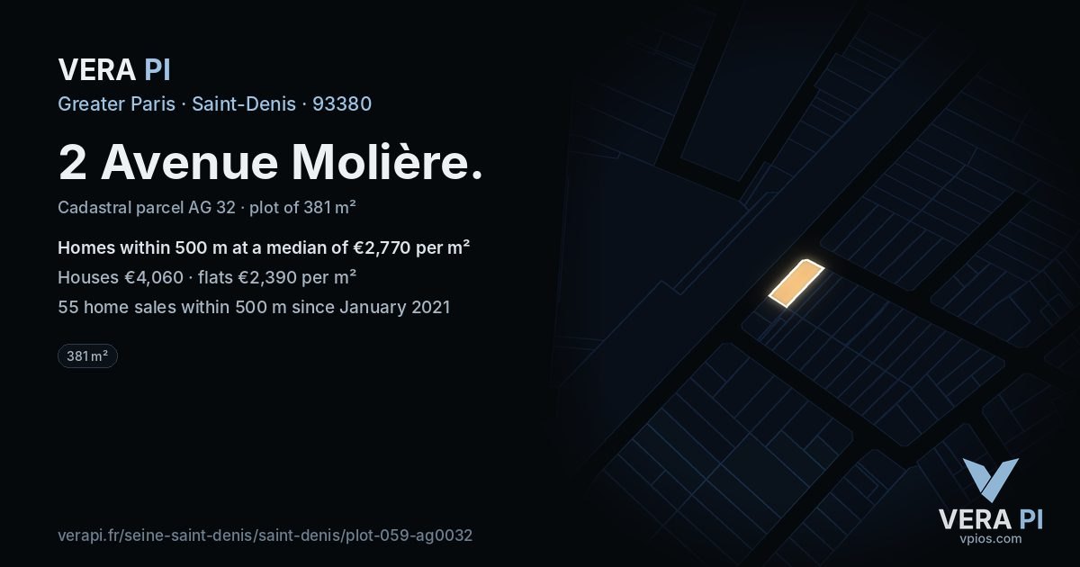 2 Avenue Molière, Saint-Denis at night – the plot lit, the parcels around coloured by the prices near them