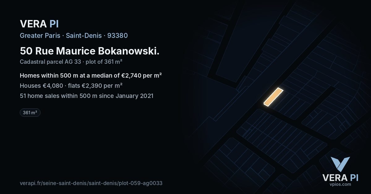 50 Rue Maurice Bokanowski, Saint-Denis at night – the plot lit, the parcels around coloured by the prices near them